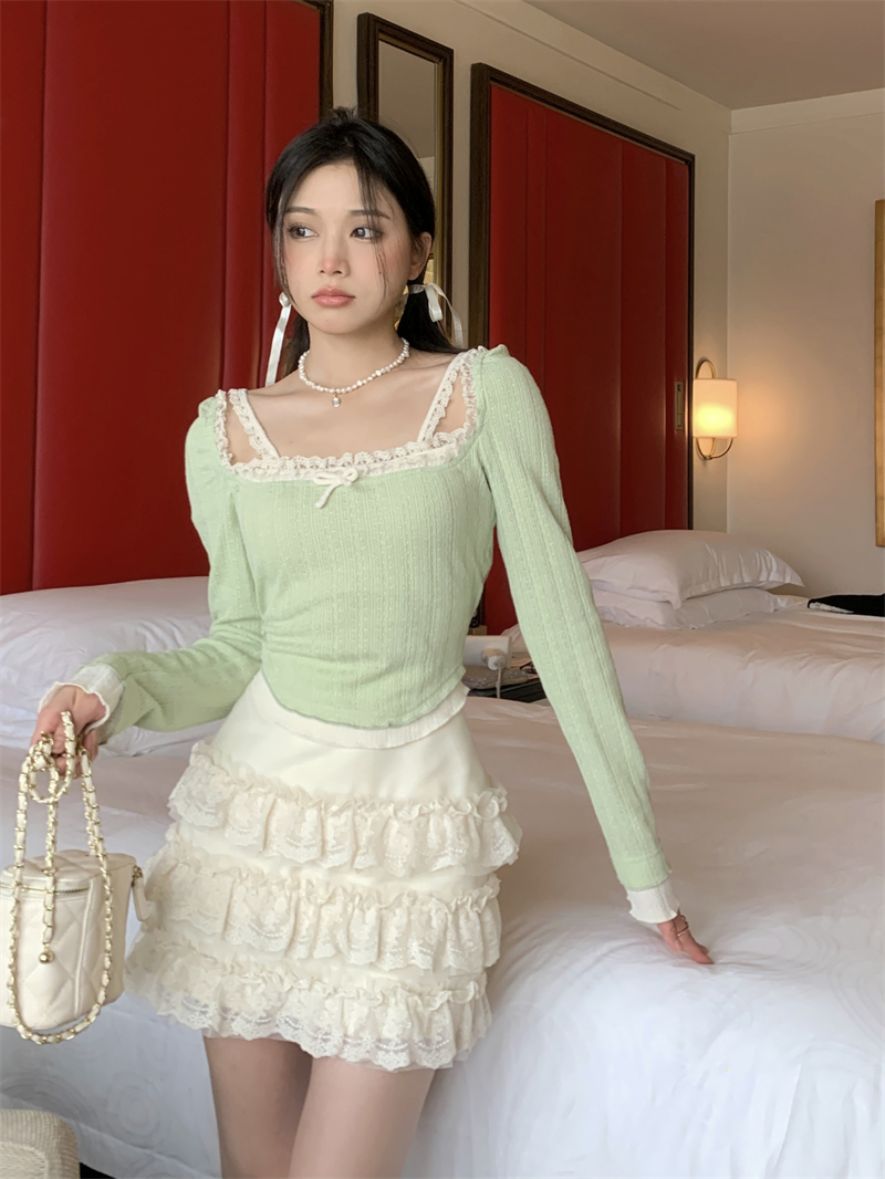 High waist square collar lace knitted tops