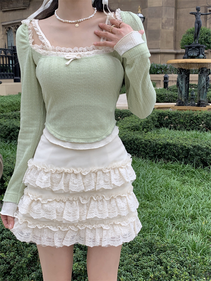 High waist square collar lace knitted tops