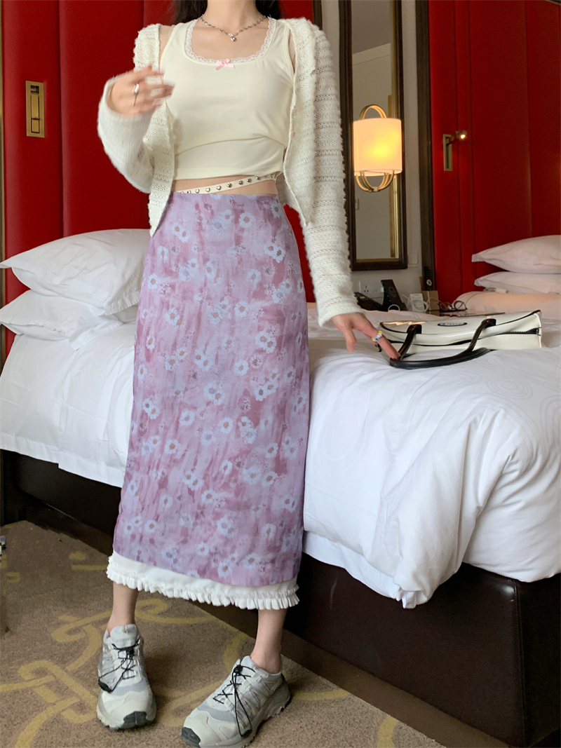Floral slim cardigan white France style skirt 3pcs set