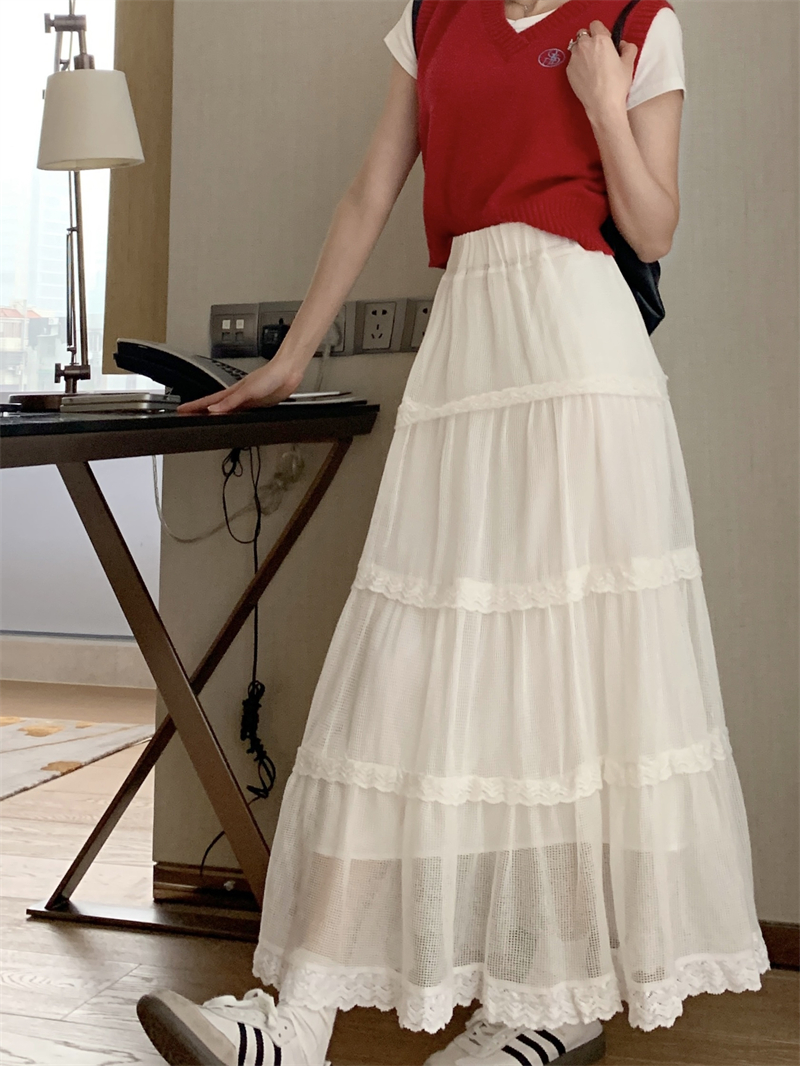 Hollow splice lady white lace skirt