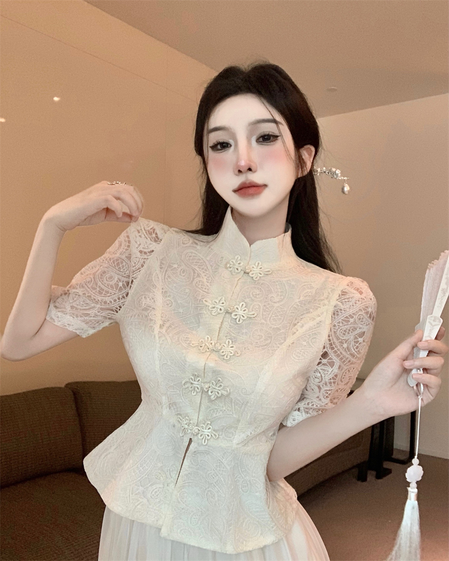 Lace Chinese style skirt cstand collar tops 2pcs set