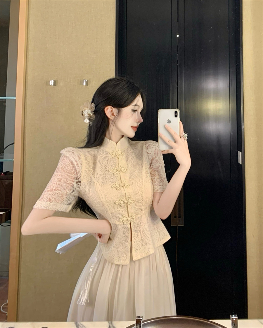 Lace Chinese style skirt cstand collar tops 2pcs set