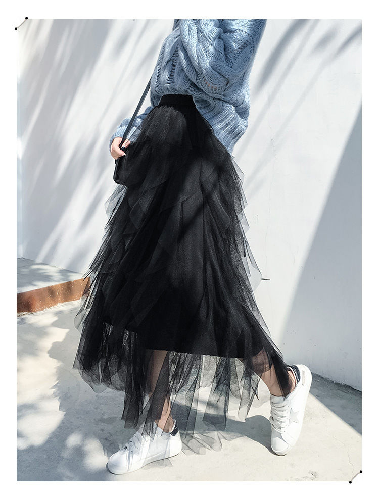 Beautiful gauze skirt pleated thick and disorderly long skirt