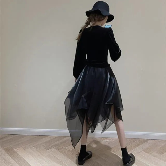 Pure long thick and disorderly high waist drape skirt