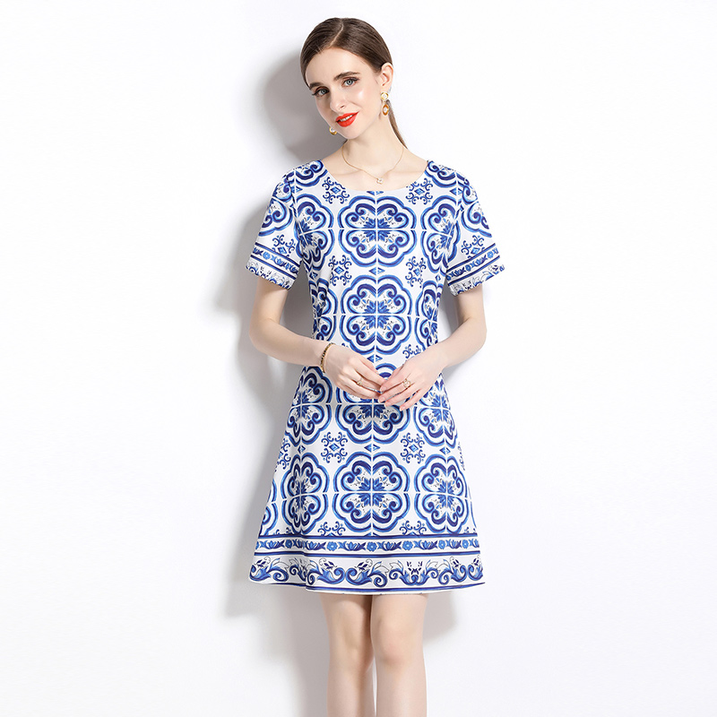 Lined printing round neck European style dress