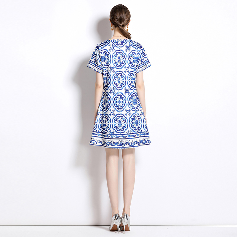 Lined printing round neck European style dress