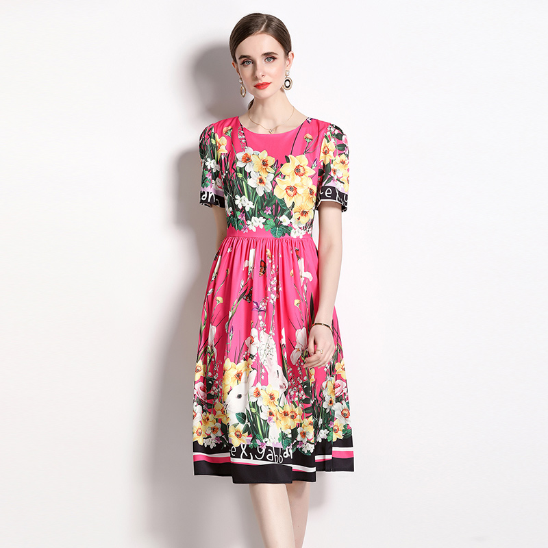 Printing European style all-match lined slim dress