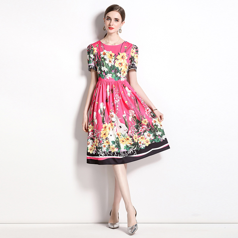 Printing European style all-match lined slim dress