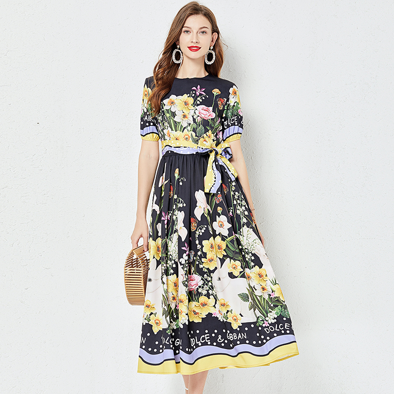 European style short sleeve big skirt flowers dress