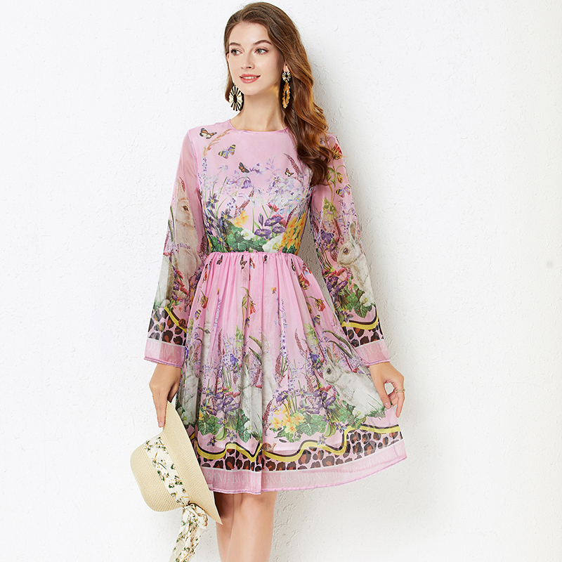 Flowers printing big skirt European style dress
