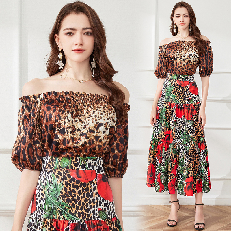 Leopard flat shoulder skirt flowers big skirt tops 2pcs set