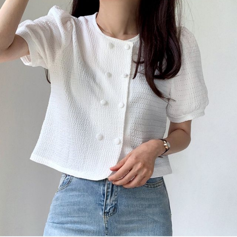 France style summer all-match sweater puff sleeve simple shirt