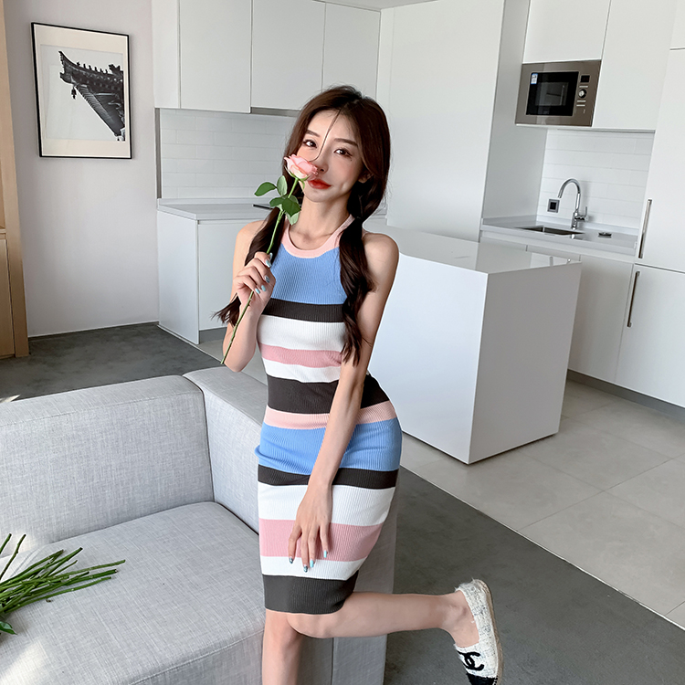 Knitted all-match stripe mixed colors dress