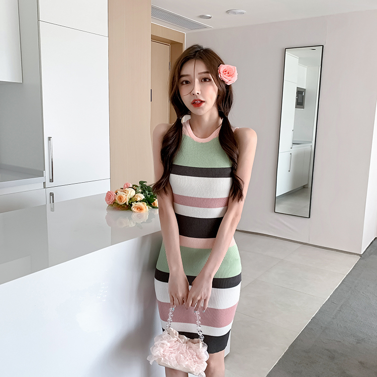 Knitted all-match stripe mixed colors dress