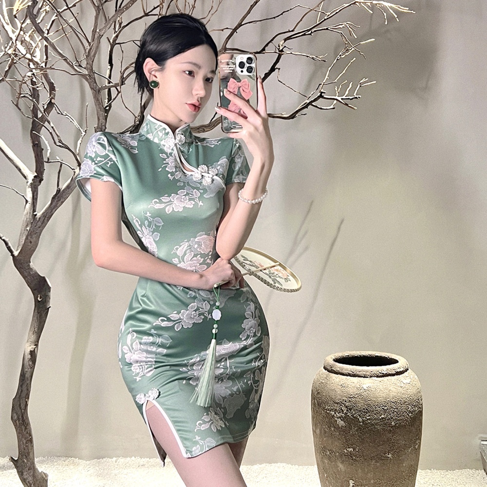 Short sleeve retro dress short printing cheongsam