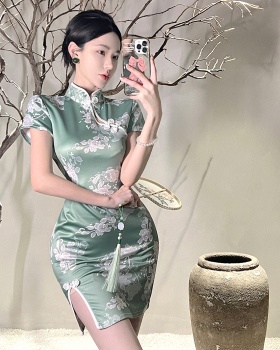 Short sleeve retro dress short printing cheongsam
