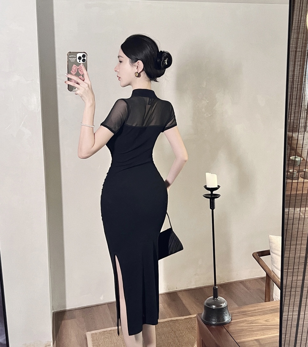 Black short sleeve tight elegant long gauze perspective dress