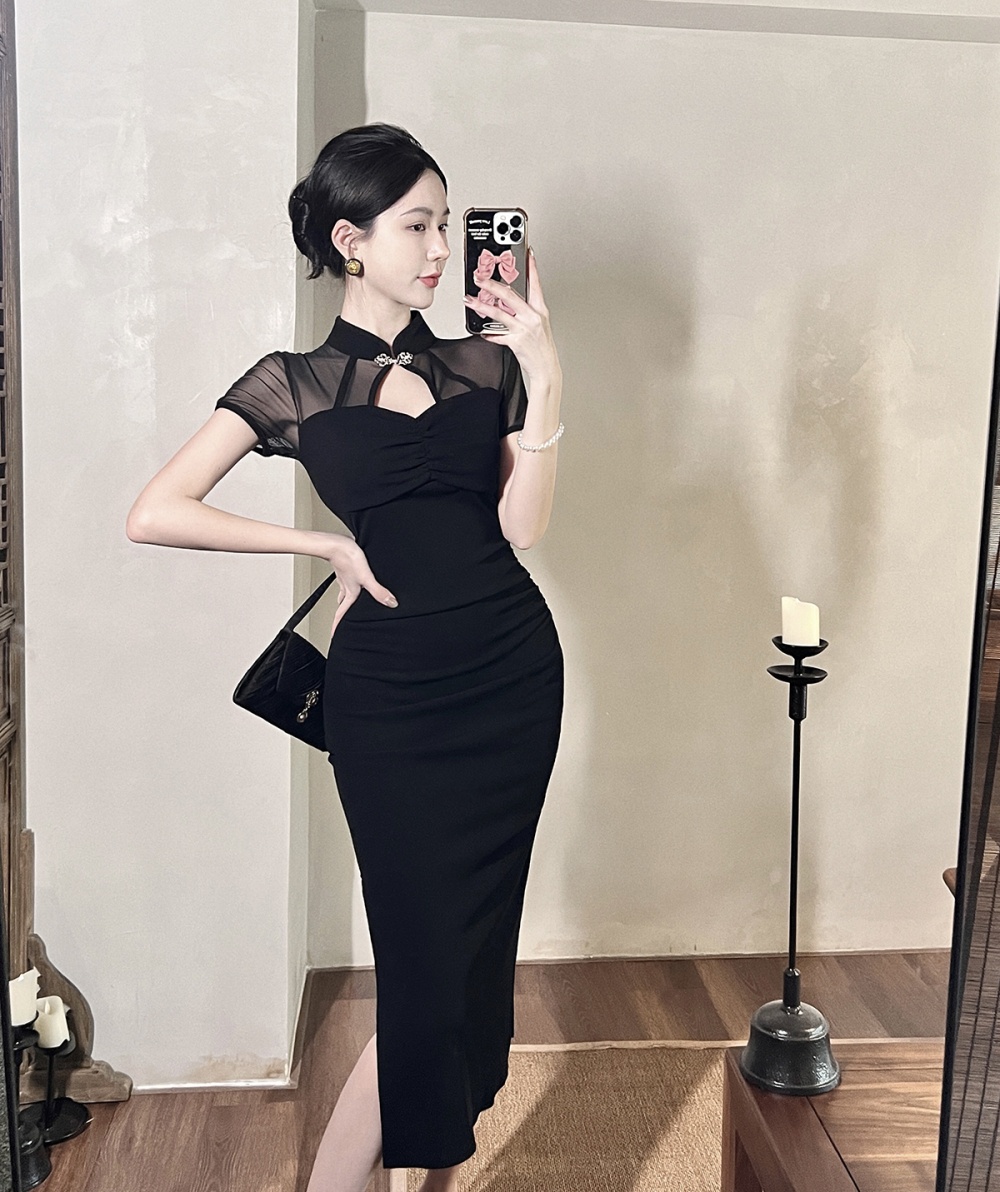 Black short sleeve tight elegant long gauze perspective dress