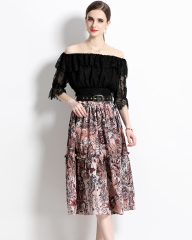 Lace horizontal collar printing summer skirt 2pcs set