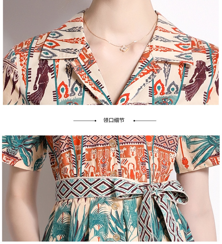 Single-breasted printing pinched waist short sleeve dress