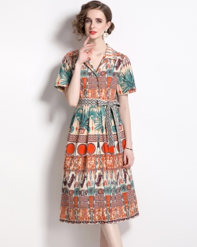 Single-breasted printing pinched waist short sleeve dress