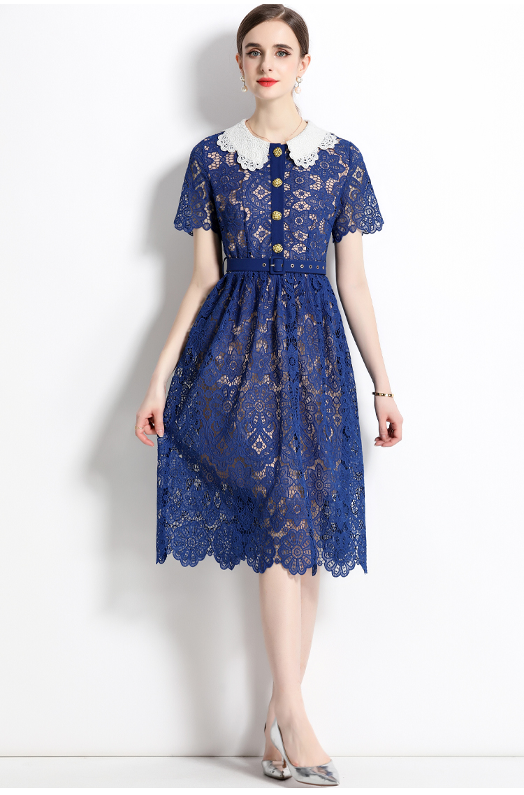Lace collar embroidery colors hollow slim pinched waist dress