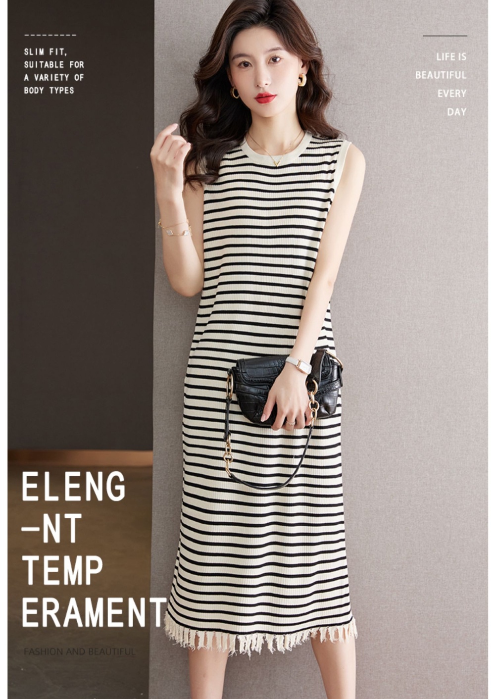 Long stripe bottoming shirt fashion dress for women
