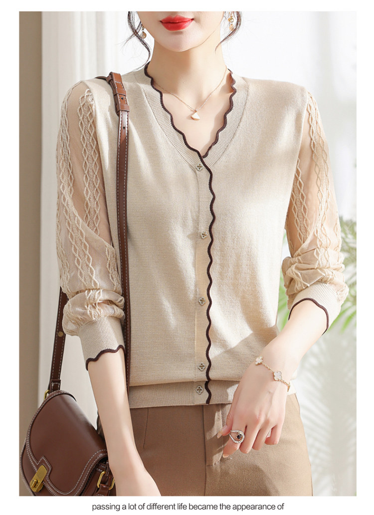 Lace sleeves knitted cardigan wool hollow shirts