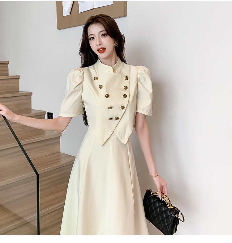 Double-breasted tops pinched waist long dress 2pcs set