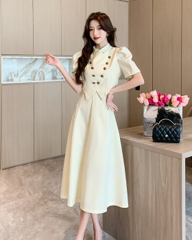 Double-breasted tops pinched waist long dress 2pcs set