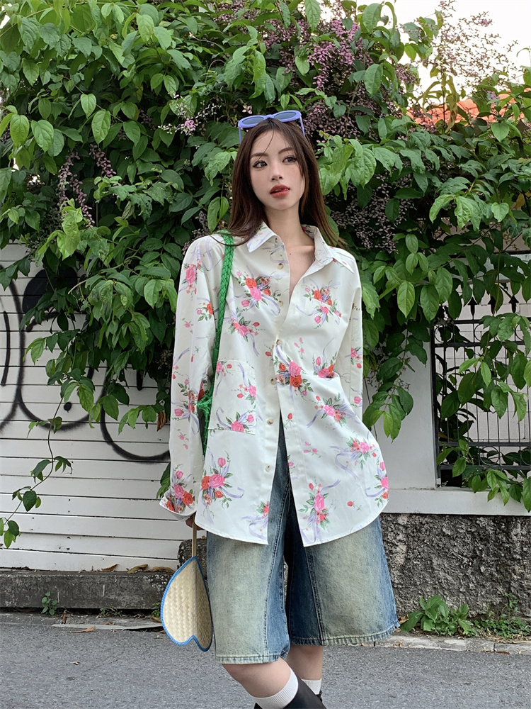 Multi buckles long sleeve flowers loose conventional shirt