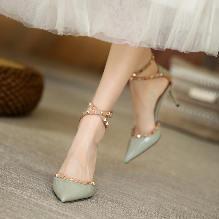 Hasp high-heeled pointed rivet sandals for women