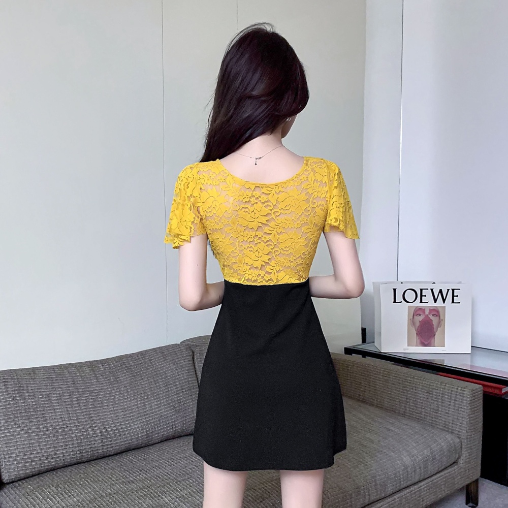 Mixed colors low-cut sexy splice V-neck lace dress
