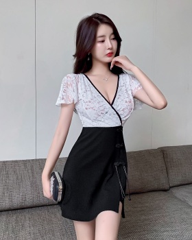 Mixed colors low-cut sexy splice V-neck lace dress