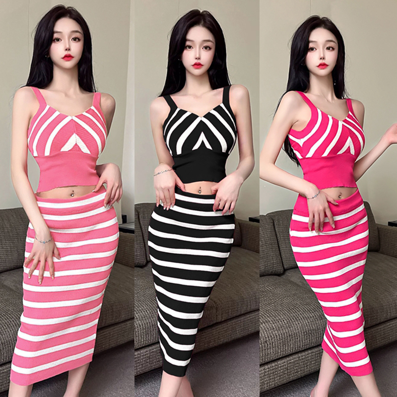 Knitted stripe sling sleeveless skirt 2pcs set for women
