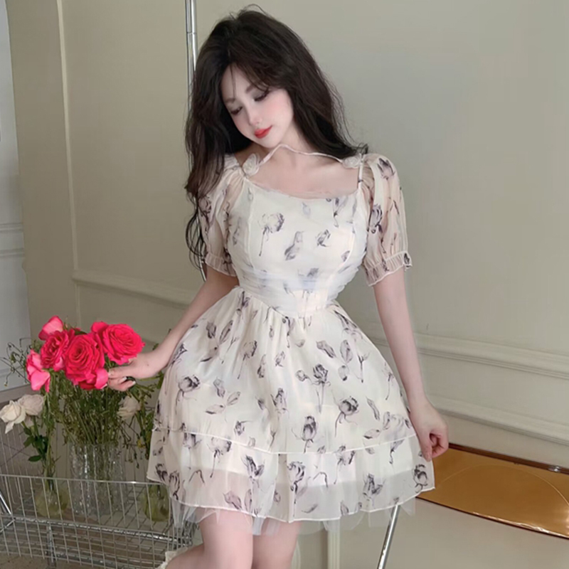 Short sleeve refreshing lady floral bubble tender sexy dress