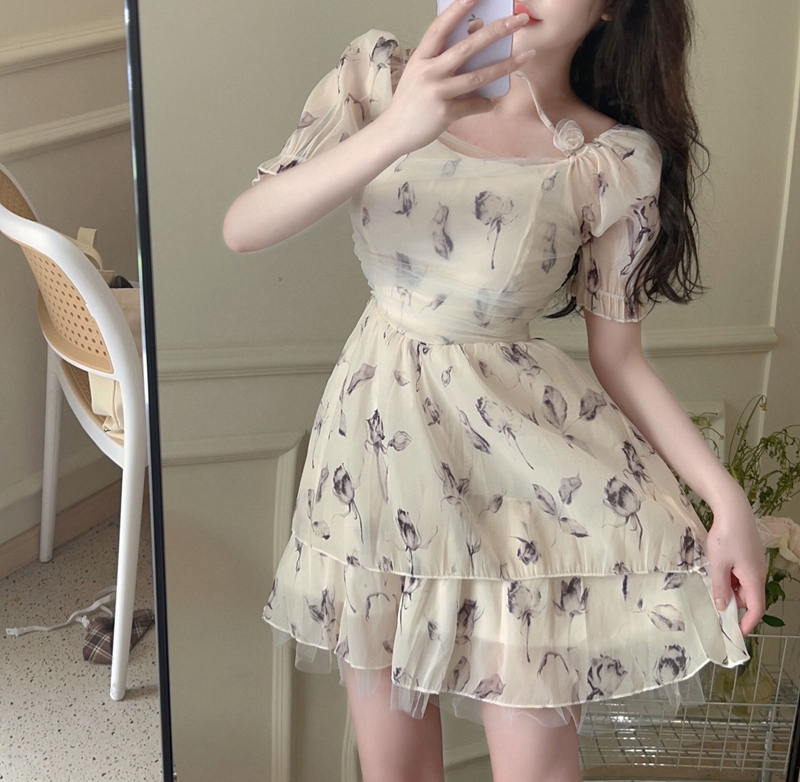 Short sleeve refreshing lady floral bubble tender sexy dress
