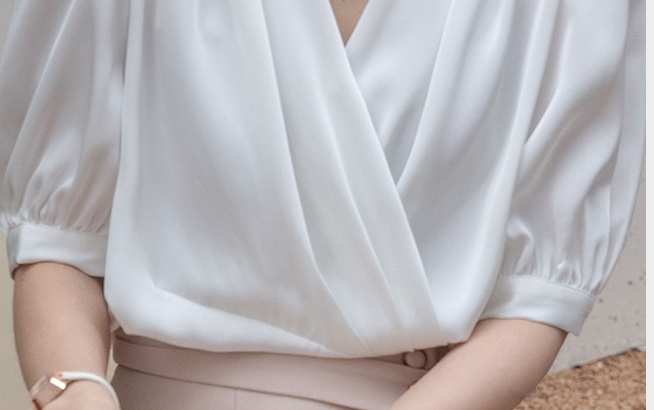 Lantern sleeve V-neck tops Korean style shirt for women