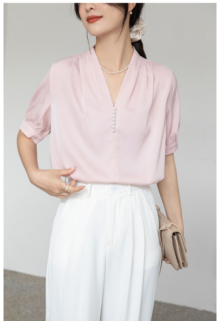 V-neck satin beading tops summer Korean style shirt for women