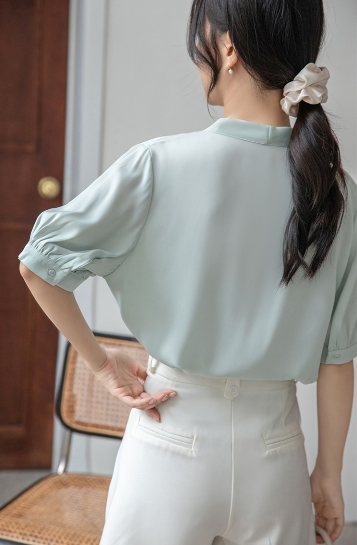 V-neck satin beading tops summer Korean style shirt for women