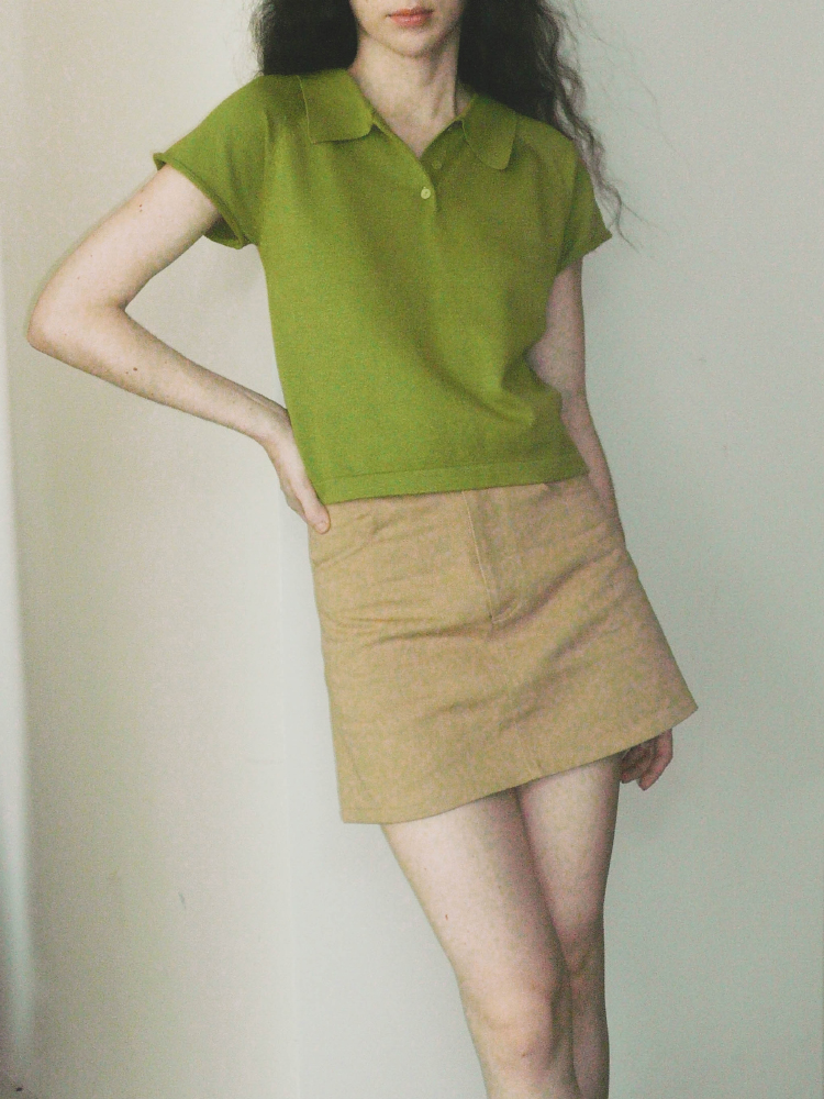 Green short knitted T-shirt short sleeve retro tops for women