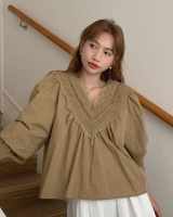 Korean style long sleeve V-neck splice France style shirt