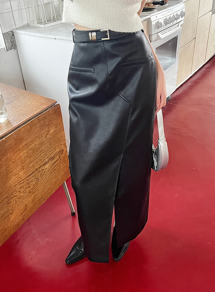 Split long leather skirt high waist skirt for women