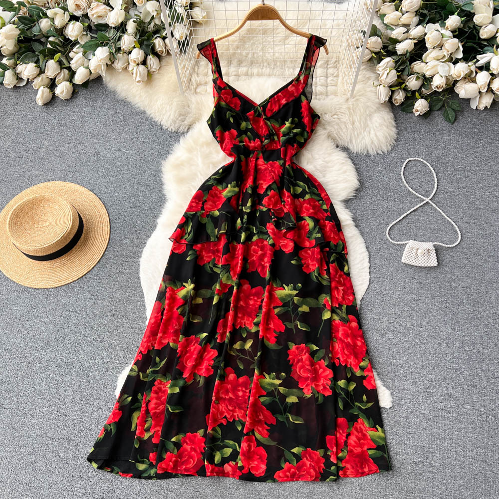 Floral sexy lotus leaf edges France style dress for women