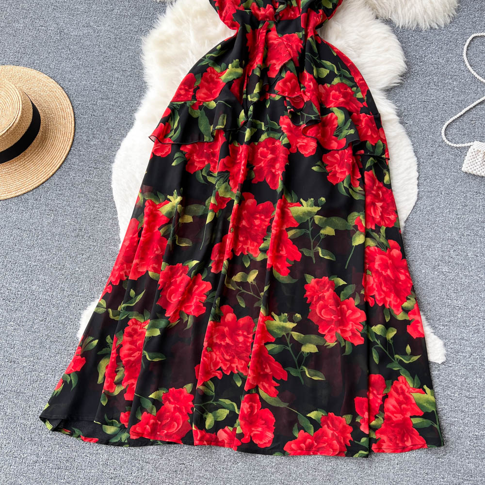 Floral sexy lotus leaf edges France style dress for women