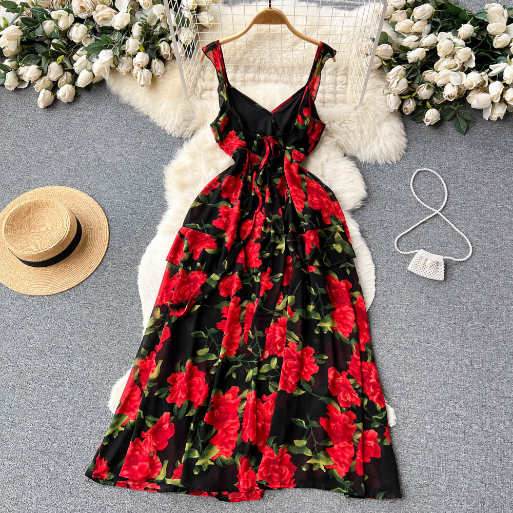 Floral sexy lotus leaf edges France style dress for women