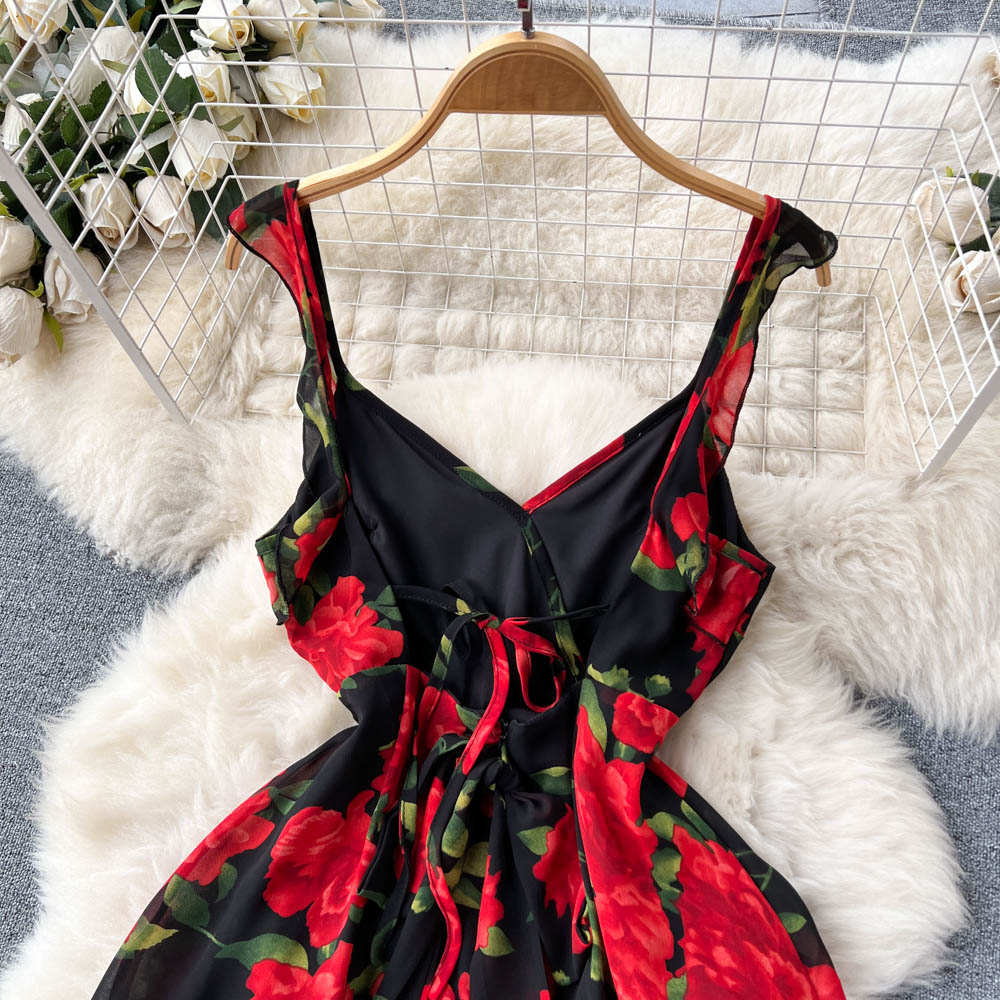 Floral sexy lotus leaf edges France style dress for women