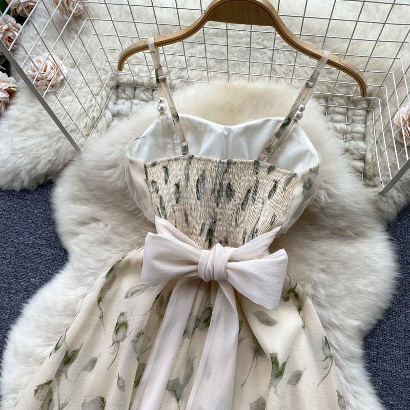 Floral bow strap dress splice beautiful dress for women