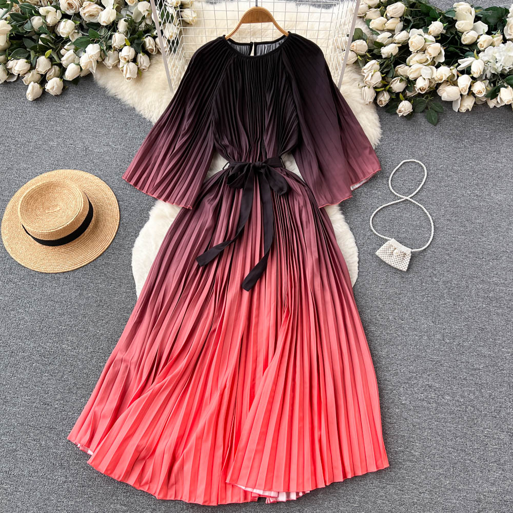 Pleated pinched waist temperament dress for women