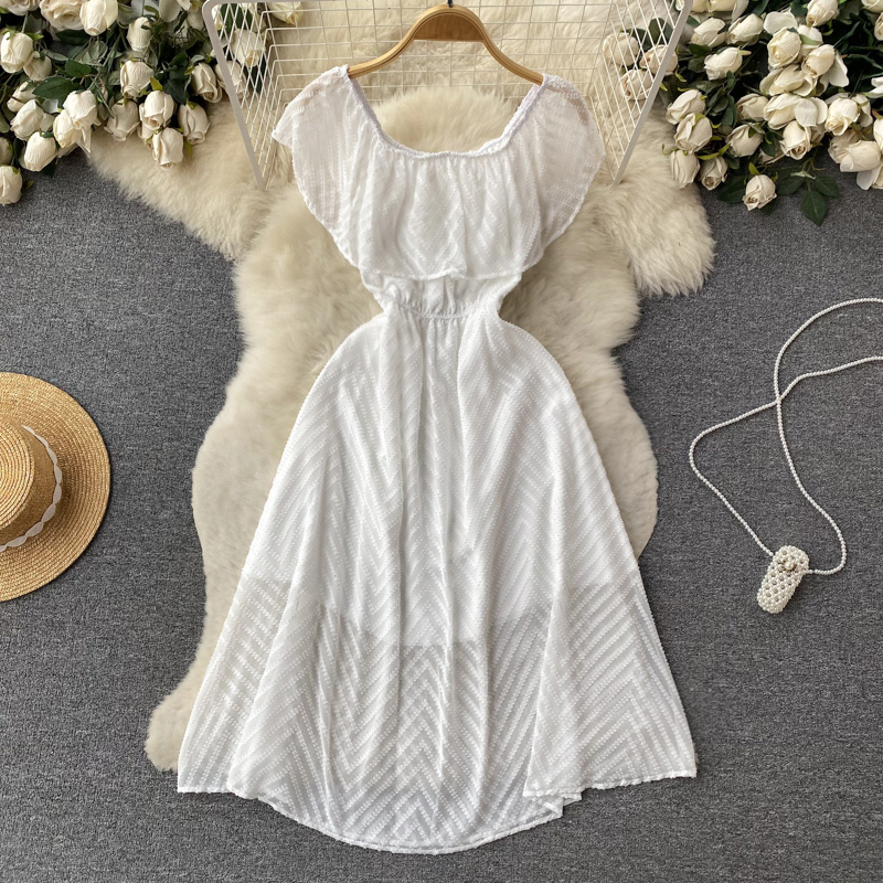 Summer horizontal collar long dress fold retro dress for women